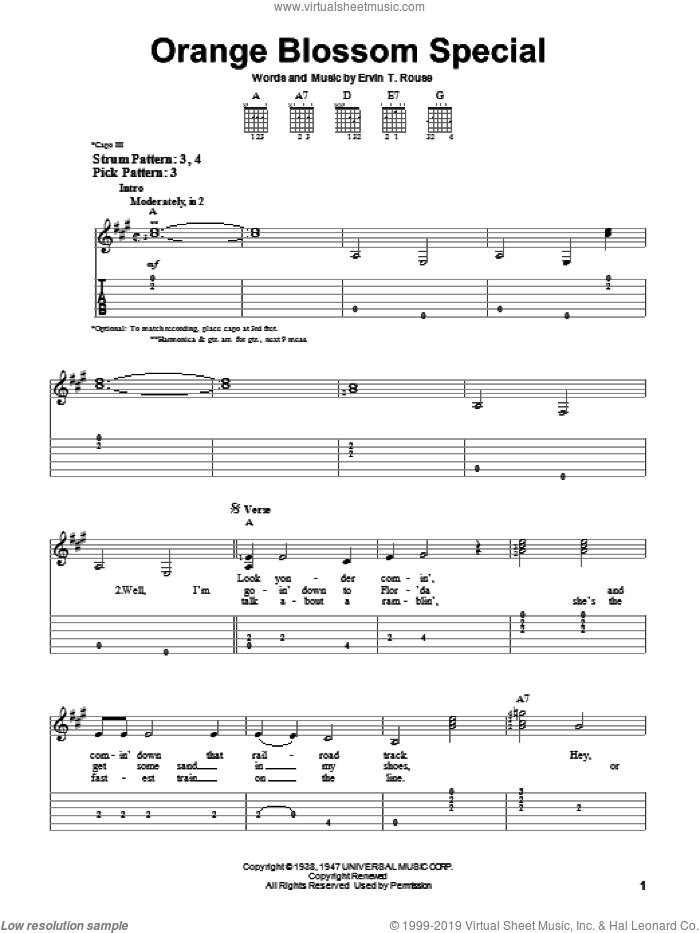 Orange Blossom Special sheet music for guitar solo (easy tablature) by Johnny Cash and Ervin T. Rouse, easy guitar (easy tablature)