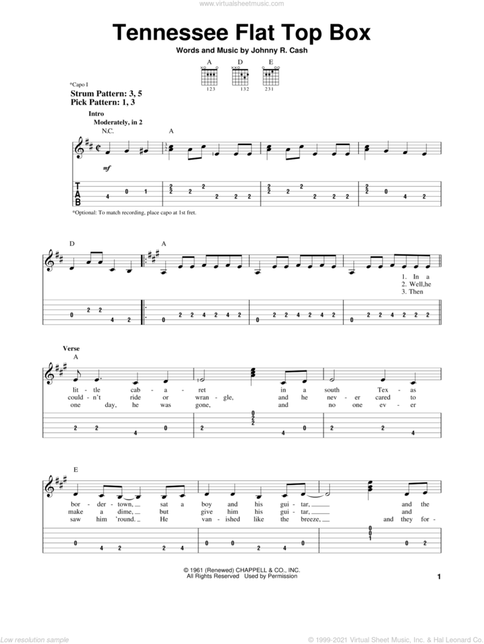 Tennessee Flat Top Box sheet music for guitar solo (easy tablature) by Johnny Cash and Rosanne Cash, easy guitar (easy tablature)