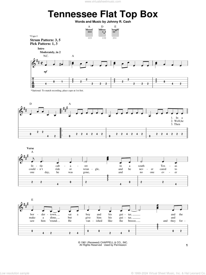 Tennessee Flat Top Box sheet music for guitar solo (easy tablature) by Johnny Cash and Rosanne Cash, easy guitar (easy tablature)