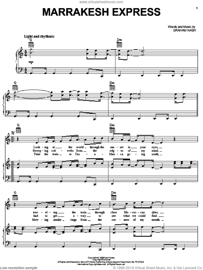 Marrakesh Express sheet music for voice, piano or guitar by Crosby, Stills & Nash and Graham Nash, intermediate skill level