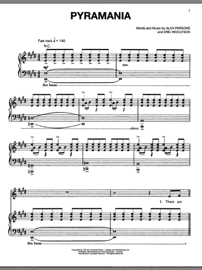 Pyramania sheet music for voice, piano or guitar by Alan Parsons Project, Alan Parsons and Eric Woolfson, intermediate skill level
