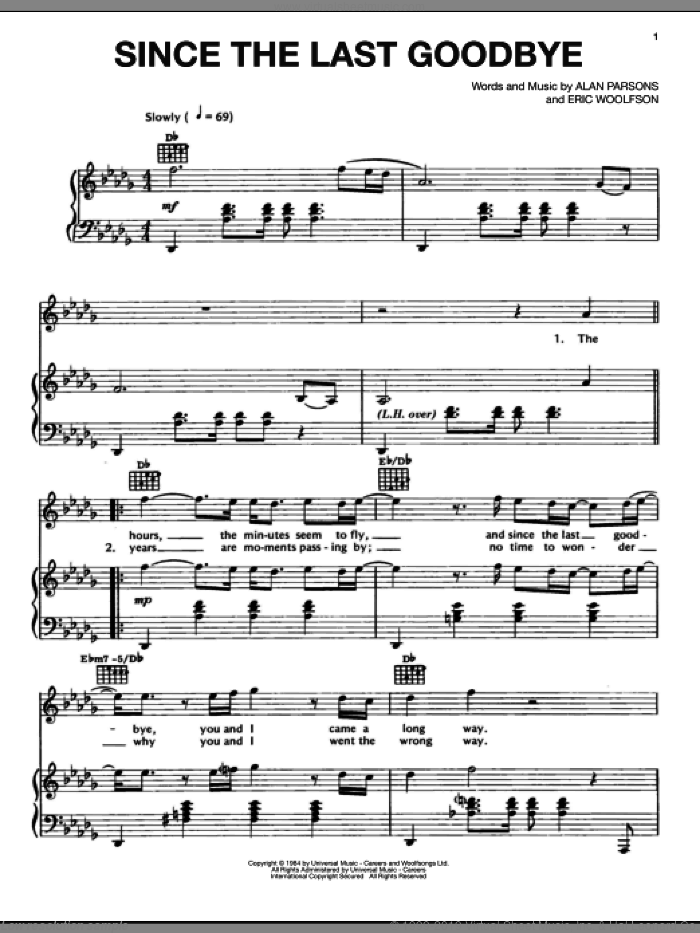 Since The Last Goodbye sheet music for voice, piano or guitar by Alan Parsons Project, Alan Parsons and Eric Woolfson, intermediate skill level
