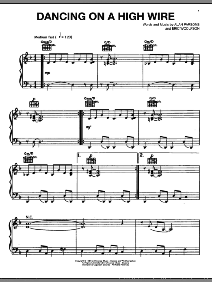 Dancing On A High Wire sheet music for voice, piano or guitar by Alan Parsons Project, Alan Parsons and Eric Woolfson, intermediate skill level