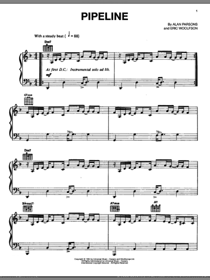 Pipeline sheet music for piano solo by Alan Parsons Project, Alan Parsons and Eric Woolfson, intermediate skill level