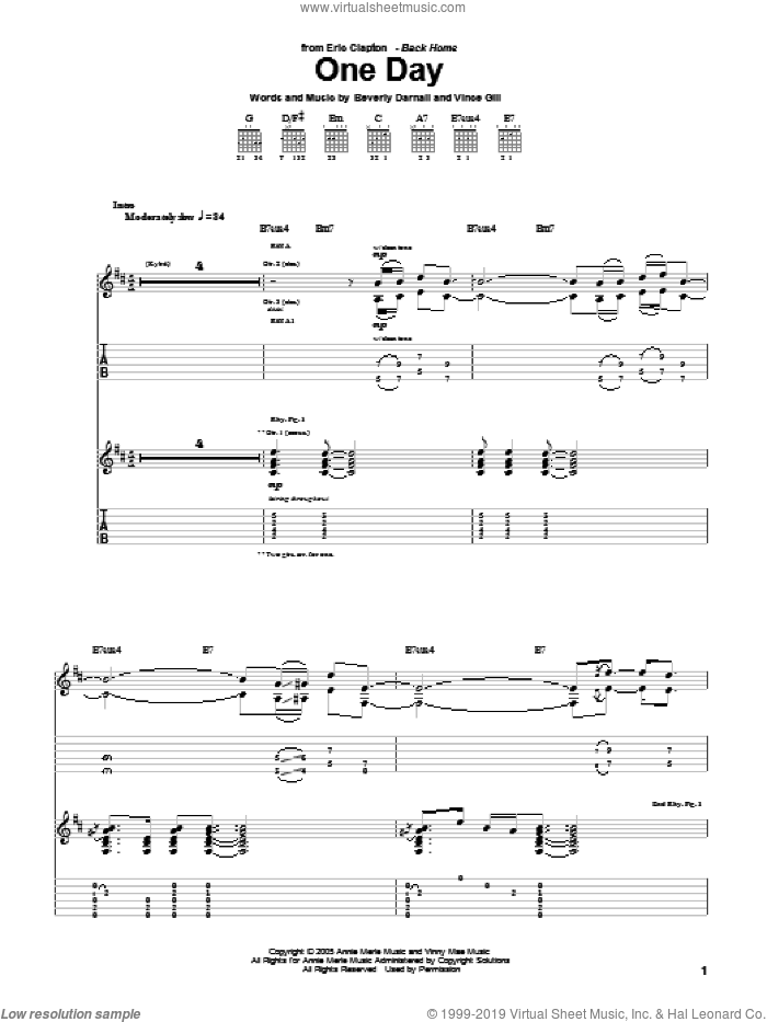 One Day sheet music for guitar (tablature) by Eric Clapton, Beverly Darnall and Vince Gill, intermediate skill level