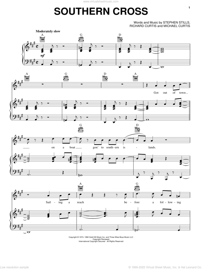 Southern Cross sheet music for voice, piano or guitar by Crosby, Stills & Nash, Michael Curtis, Richard Curtis and Stephen Stills, intermediate skill level