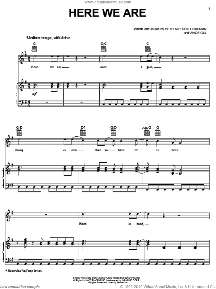 Here We Are sheet music for voice, piano or guitar by Alabama, Beth Nielsen Chapman and Vince Gill, intermediate skill level