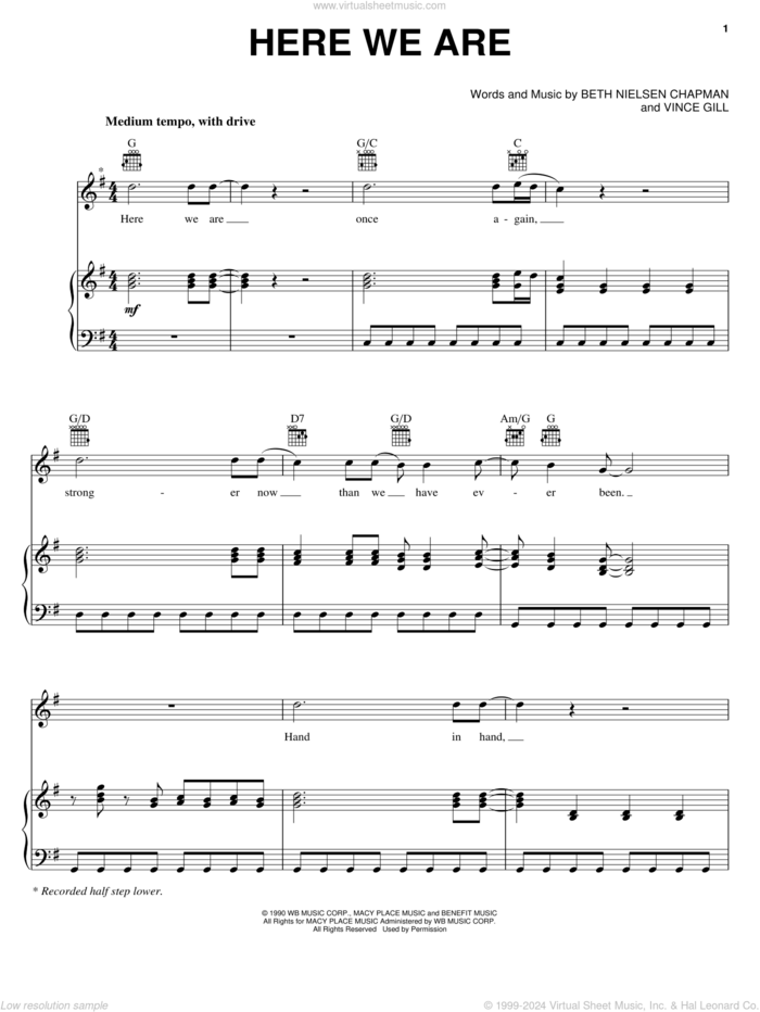 Here We Are sheet music for voice, piano or guitar by Alabama, Beth Nielsen Chapman and Vince Gill, intermediate skill level