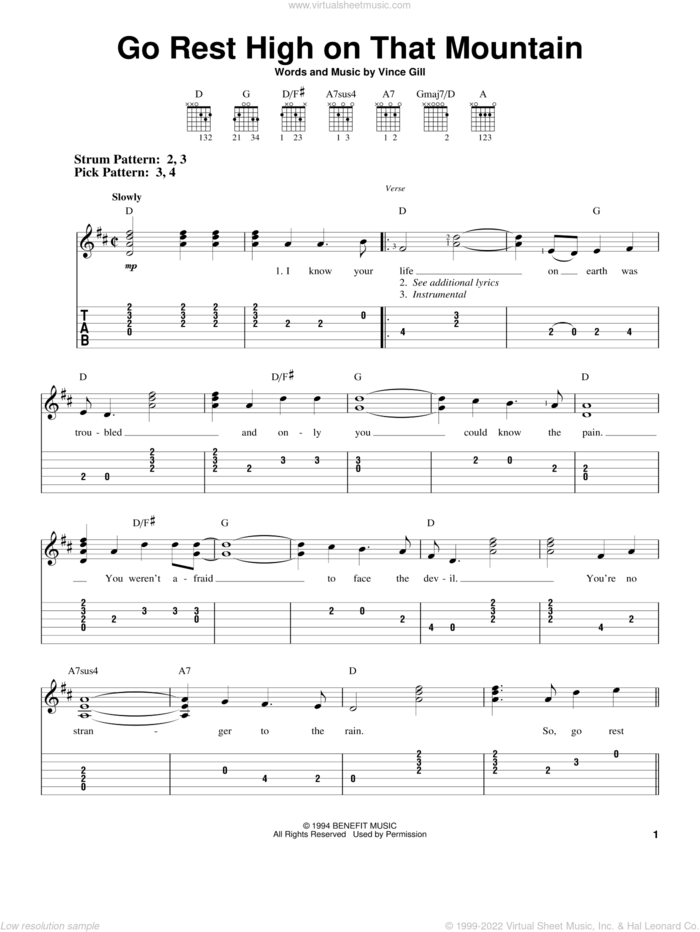 Go Rest High On That Mountain sheet music for guitar solo (easy tablature) by Vince Gill, easy guitar (easy tablature)