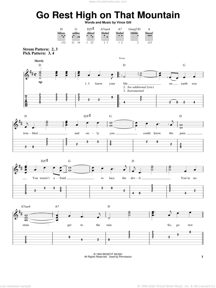 Go Rest High On That Mountain sheet music for guitar solo (easy tablature) by Vince Gill, easy guitar (easy tablature)