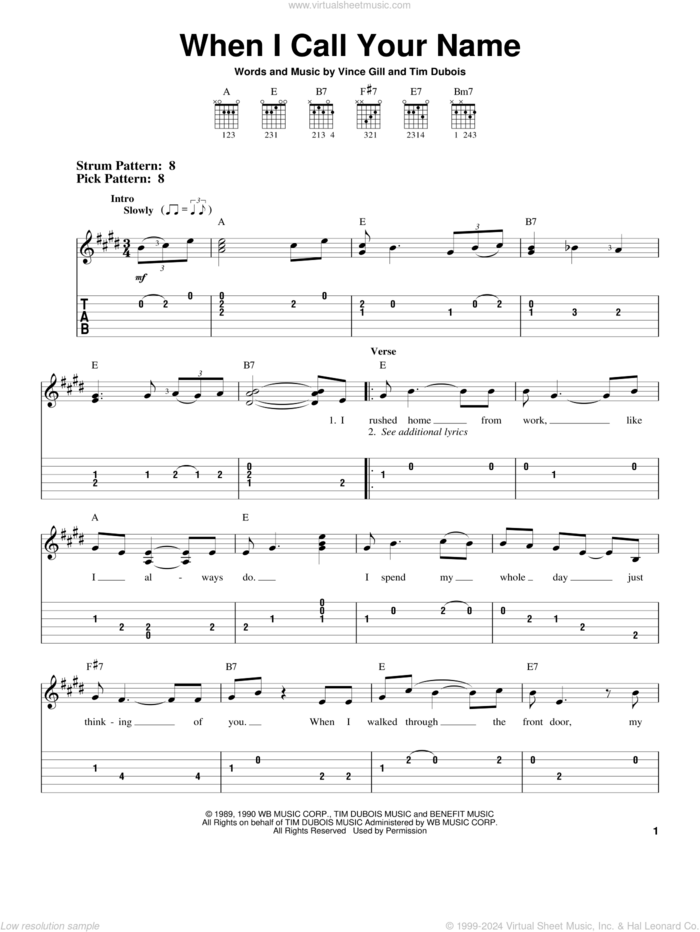 When I Call Your Name sheet music for guitar solo (easy tablature) by Vince Gill and Tim Dubois, easy guitar (easy tablature)
