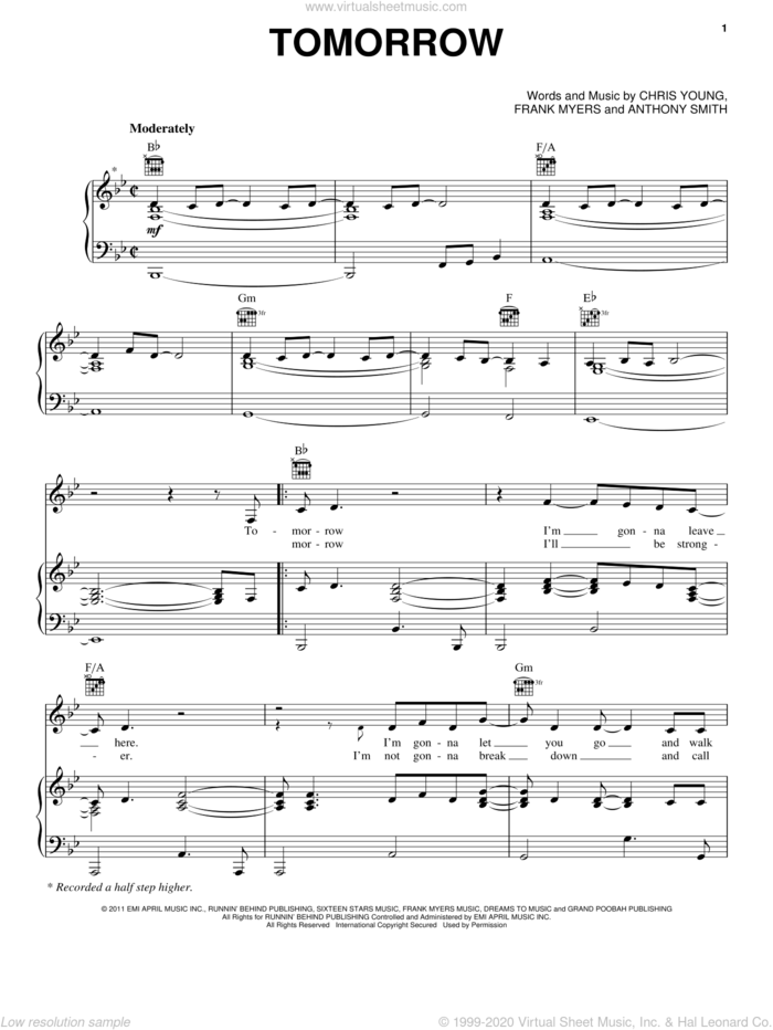 Tomorrow sheet music for voice, piano or guitar by Chris Young, Anthony Smith and Frank Myers, intermediate skill level