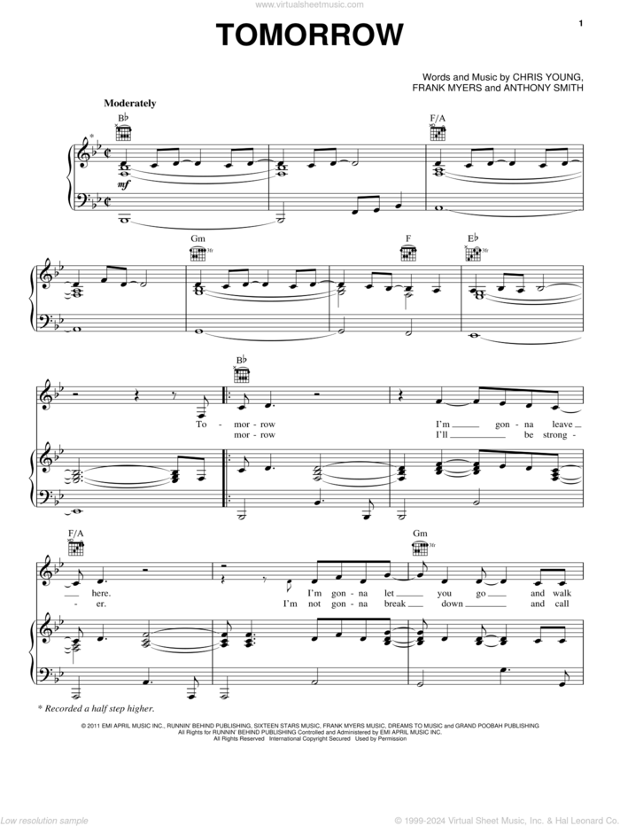 Tomorrow sheet music for voice, piano or guitar by Chris Young, Anthony Smith and Frank Myers, intermediate skill level