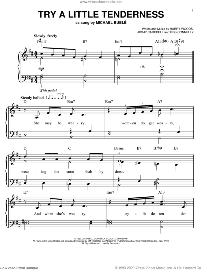 Try A Little Tenderness sheet music for piano solo by Otis Redding, Harry Woods, Jimmy Campbell and Reg Connelly, easy skill level