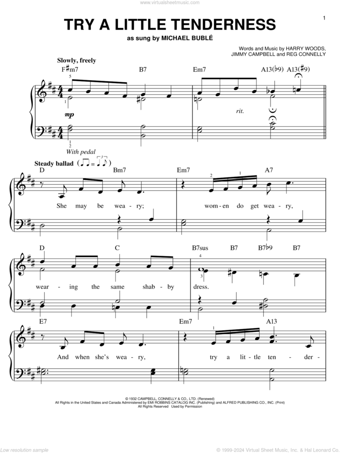 Try A Little Tenderness, (easy) sheet music for piano solo by Otis Redding, Harry Woods, Jimmy Campbell and Reg Connelly, easy skill level