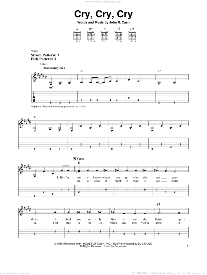 Cry, Cry, Cry sheet music for guitar solo (easy tablature) by Johnny Cash, easy guitar (easy tablature)