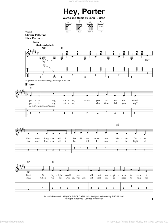 Hey, Porter sheet music for guitar solo (easy tablature) by Johnny Cash, easy guitar (easy tablature)