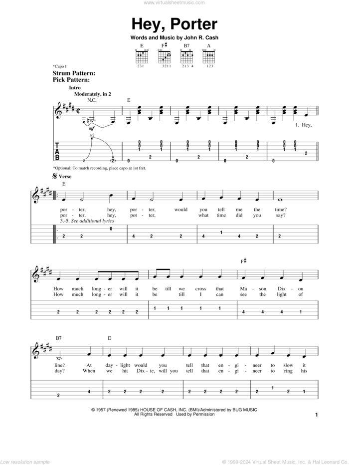 Hey, Porter sheet music for guitar solo (easy tablature) by Johnny Cash, easy guitar (easy tablature)