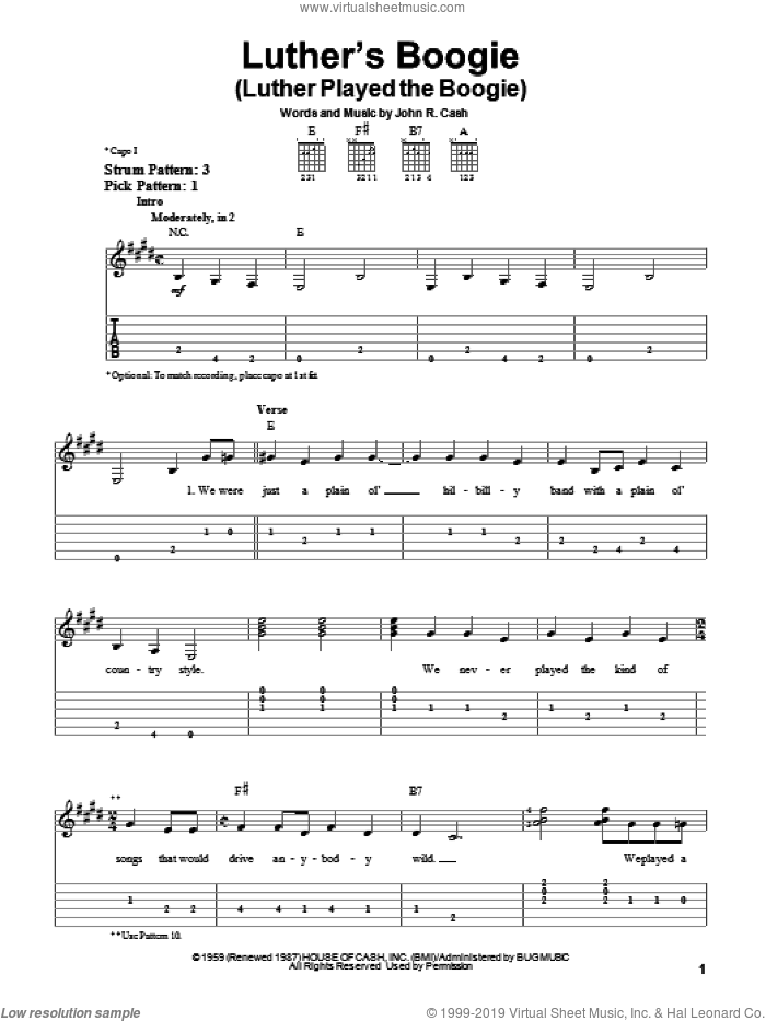 Luther's Boogie (Luther Played The Boogie) sheet music for guitar solo (easy tablature) by Johnny Cash, easy guitar (easy tablature)