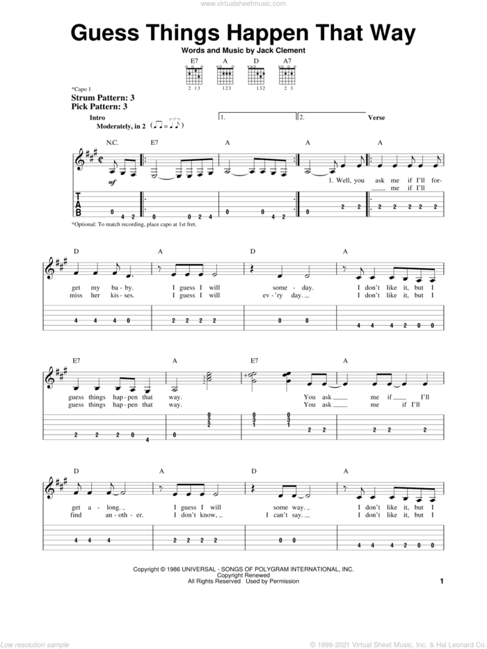 Guess Things Happen That Way sheet music for guitar solo (easy tablature) by Johnny Cash and Jack Clement, easy guitar (easy tablature)