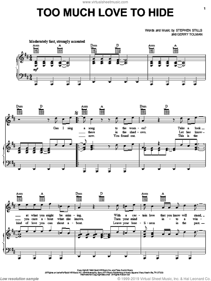 Too Much Love To Hide sheet music for voice, piano or guitar by Crosby, Stills & Nash, Gerry Tolman and Stephen Stills, intermediate skill level