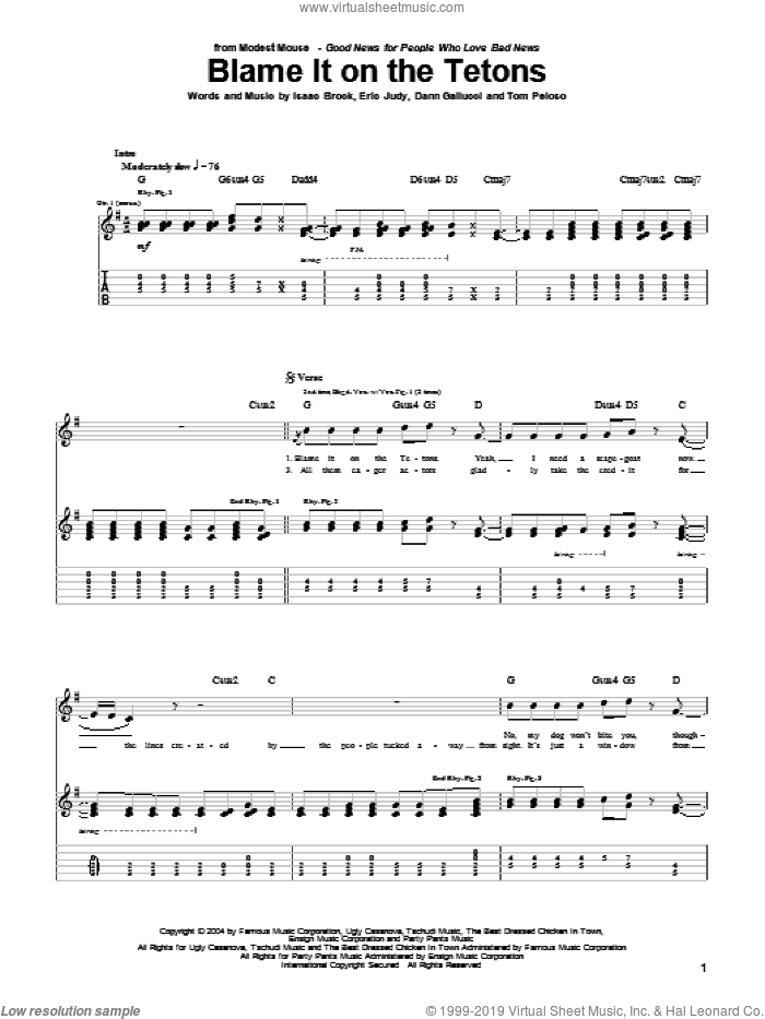 Blame It On The Tetons sheet music for guitar (tablature) by Modest Mouse, Dann Gallucci, Eric Judy, Isaac Brock and Tom Peloso, intermediate skill level