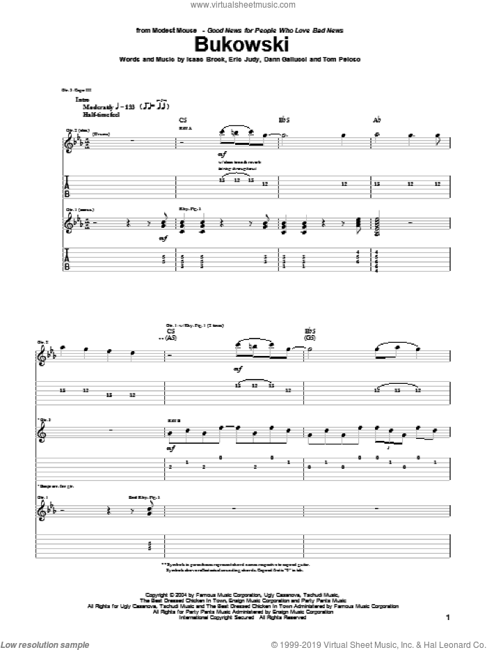 Bukowski sheet music for guitar (tablature) by Modest Mouse, Dann Gallucci, Eric Judy, Isaac Brock and Tom Peloso, intermediate skill level