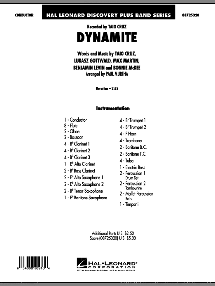Dynamite (COMPLETE) sheet music for concert band by Max Martin, Benjamin Levin, Bonnie McKee, Lukasz Gottwald, Paul Murtha and Taio Cruz, intermediate skill level