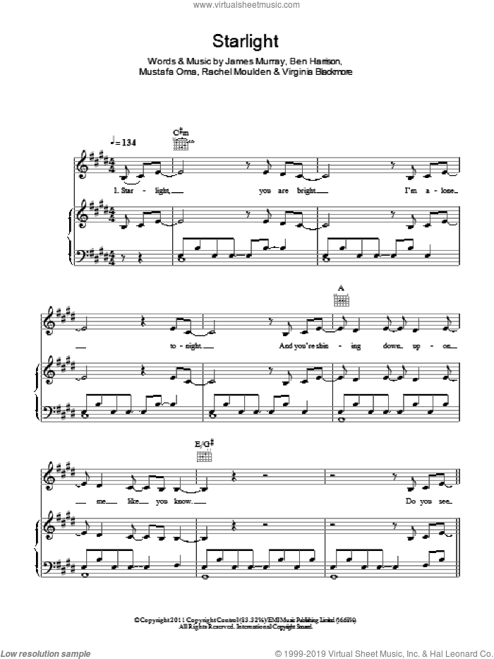Starlight sheet music for voice and piano by Wonderland, Ben Harrison, James Murray, Mustafa Oma, Rachel Moulden and Virginia Blackmore, intermediate skill level