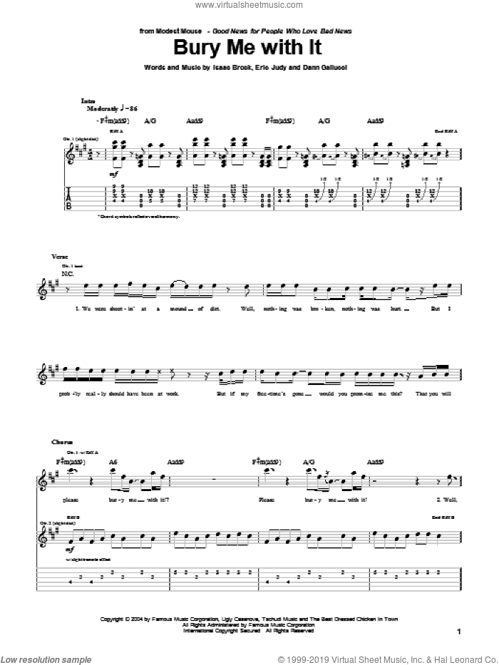 Bury Me With It sheet music for guitar (tablature) by Modest Mouse, Dann Gallucci, Eric Judy and Isaac Brock, intermediate skill level