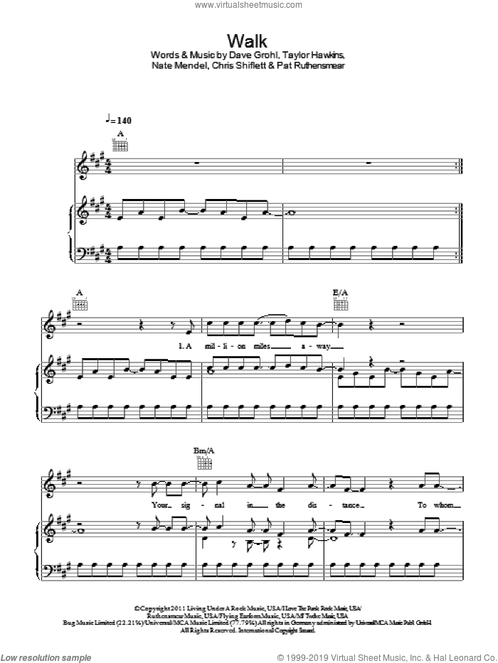 Walk sheet music for voice, piano or guitar by Foo Fighters, Chris Shiflett, Dave Grohl, Nate Mendel, Pat Ruthensmear and Taylor Hawkins, intermediate skill level