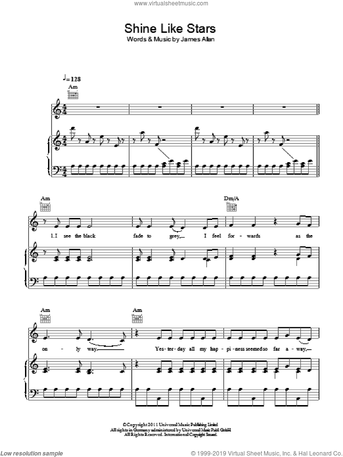 Shine Like Stars sheet music for voice, piano or guitar by Glasvegas and James Allan, intermediate skill level