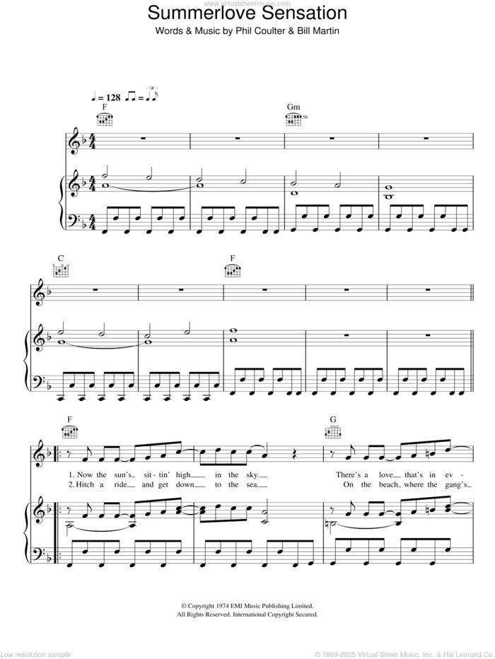 Summerlove Sensation sheet music for voice, piano or guitar by Bay City Rollers, Bill Martin and Phil Coulter, intermediate skill level