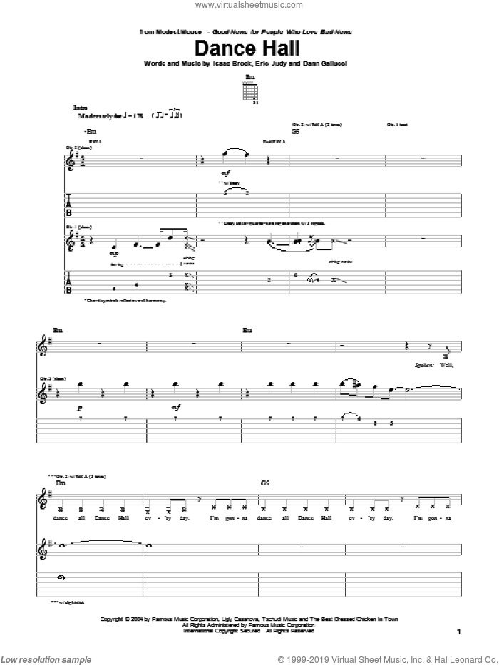 Dance Hall sheet music for guitar (tablature) by Modest Mouse, Dann Gallucci, Eric Judy and Isaac Brock, intermediate skill level