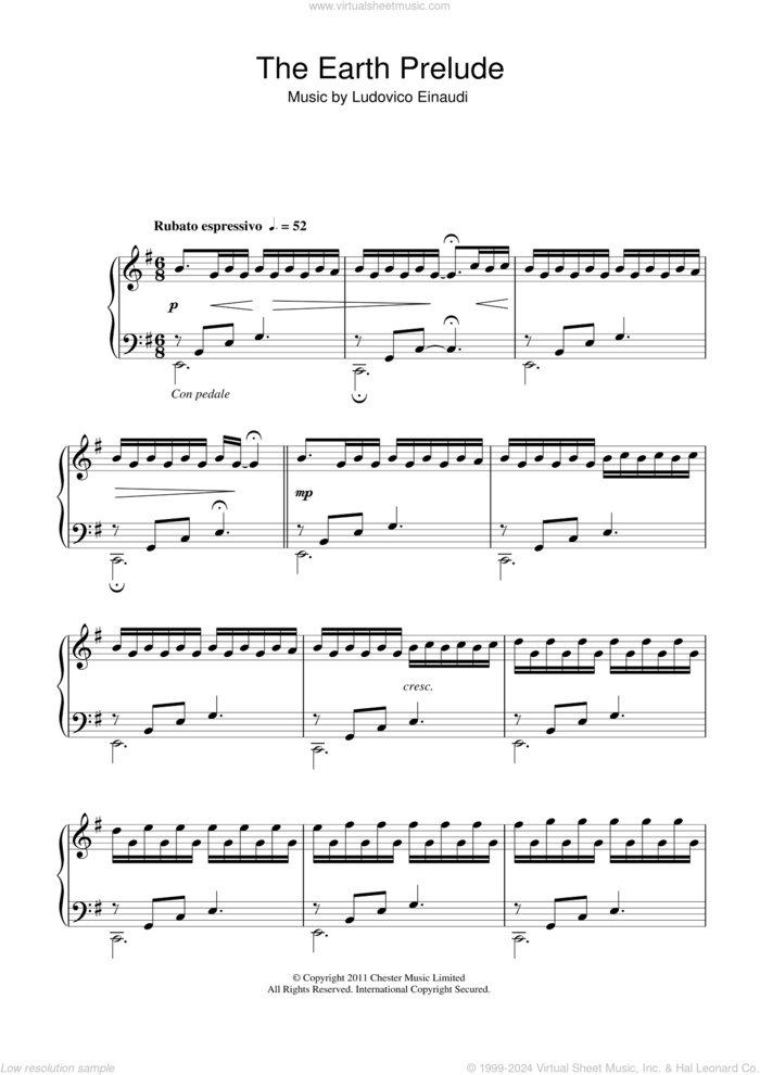 The Earth Prelude sheet music for piano solo by Ludovico Einaudi, classical score, intermediate skill level