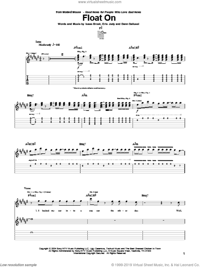 Float On sheet music for guitar (tablature) by Modest Mouse, Dann Gallucci, Eric Judy and Isaac Brock, intermediate skill level