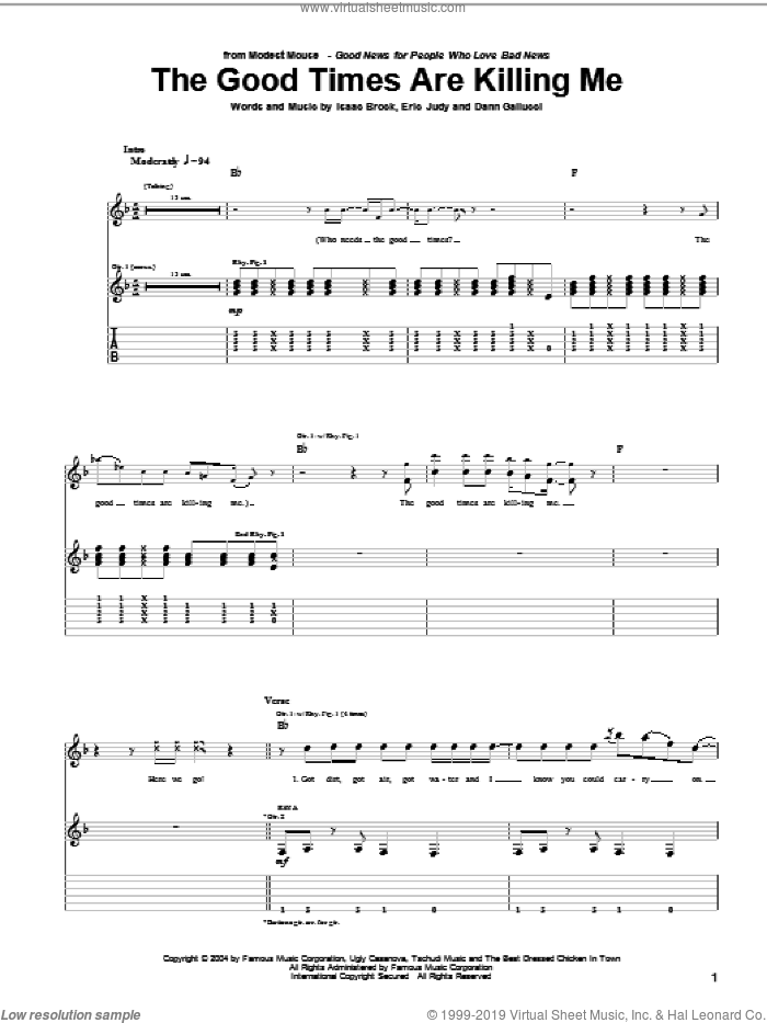 The Good Times Are Killing Me sheet music for guitar (tablature) by Modest Mouse, Dann Gallucci, Eric Judy and Isaac Brock, intermediate skill level