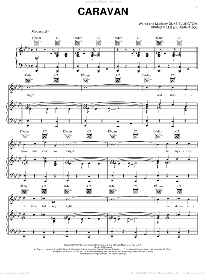 Caravan sheet music for voice, piano or guitar by Duke Ellington, Irving Mills and Juan Tizol, intermediate skill level