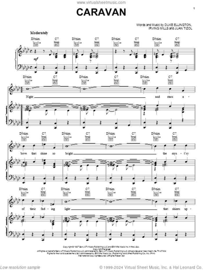 Caravan sheet music for voice, piano or guitar by Duke Ellington, Irving Mills and Juan Tizol, intermediate skill level