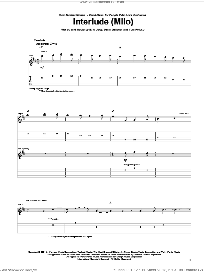 Interlude (Milo) sheet music for guitar (tablature) by Modest Mouse, Dann Gallucci, Eric Judy and Tom Peloso, intermediate skill level
