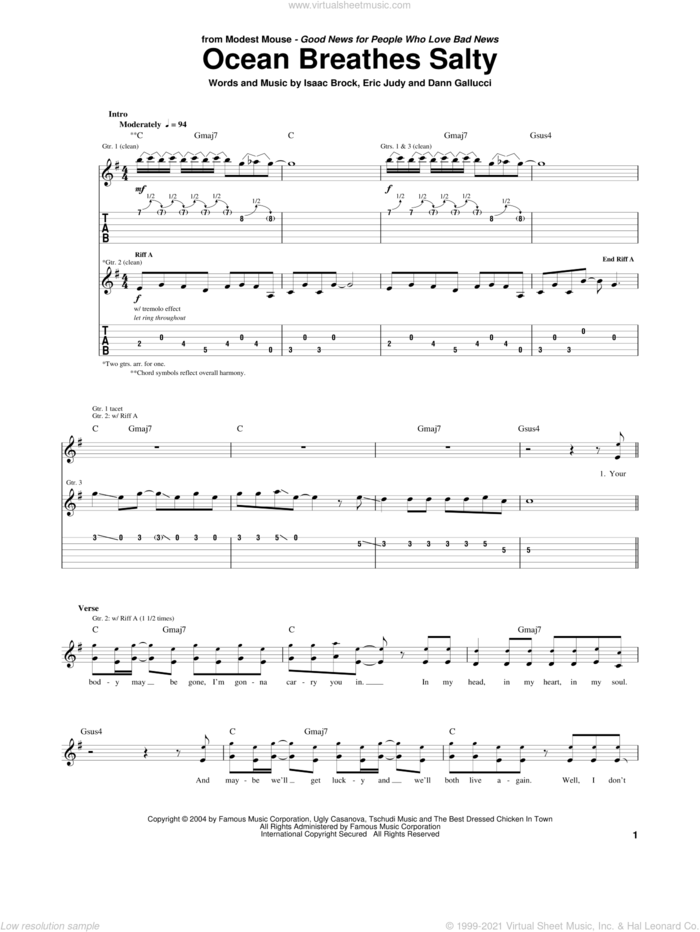 Ocean Breathes Salty sheet music for guitar (tablature) by Modest Mouse, Dann Gallucci, Eric Judy and Isaac Brock, intermediate skill level