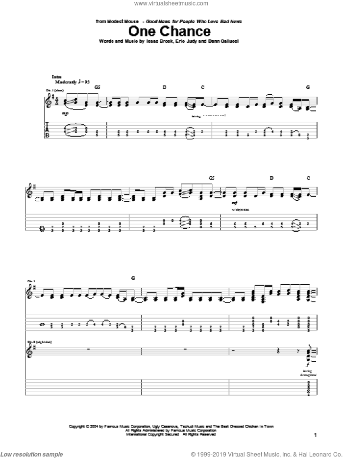 One Chance sheet music for guitar (tablature) by Modest Mouse, Dann Gallucci, Eric Judy and Isaac Brock, intermediate skill level