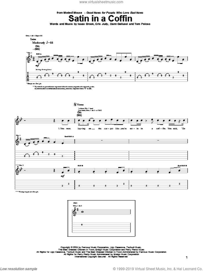 Satin In A Coffin sheet music for guitar (tablature) by Modest Mouse, Dann Gallucci, Eric Judy, Isaac Brock and Tom Peloso, intermediate skill level