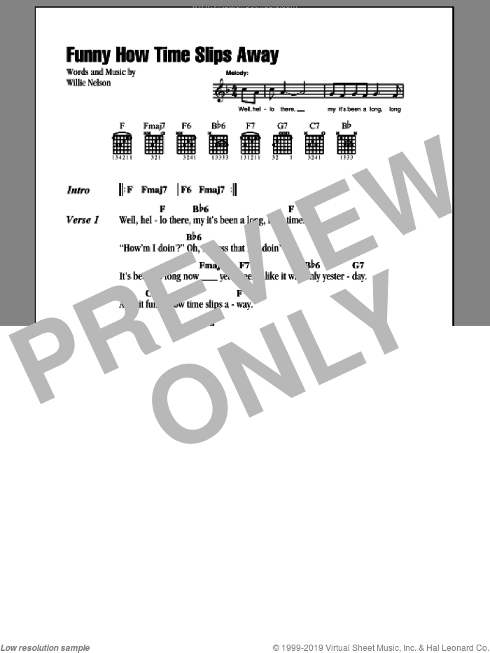 Funny How Time Slips Away sheet music for guitar (chords) by Willie Nelson, Billy Walker, Elvis Presley and Narvel Felts, intermediate skill level