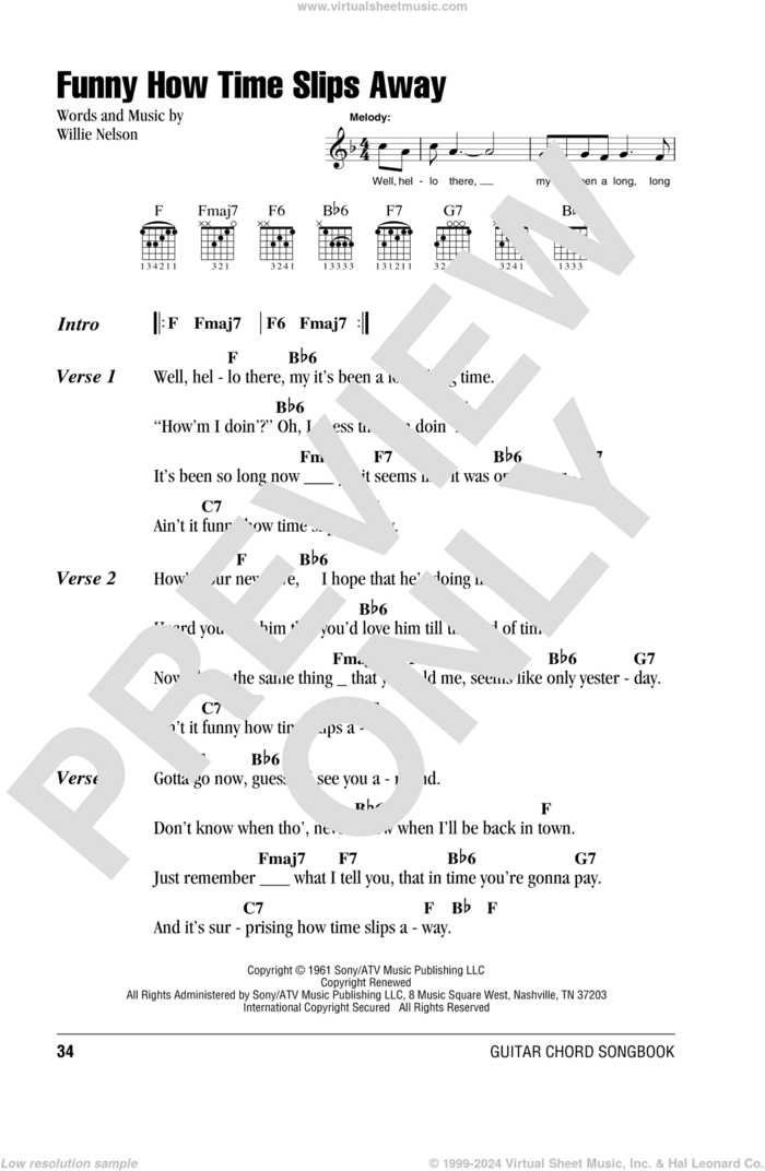 Funny How Time Slips Away sheet music for guitar (chords) by Willie Nelson, Billy Walker, Elvis Presley and Narvel Felts, intermediate skill level