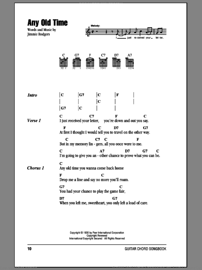 Any Old Time sheet music for guitar (chords) by Jimmie Rodgers, intermediate skill level