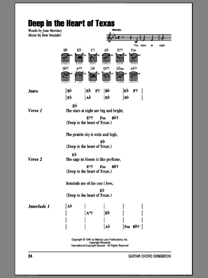 Deep In The Heart Of Texas sheet music for guitar (chords) by Alvino Rey & His Orchestra, Bing Crosby, Don Swander and June Hershey, intermediate skill level