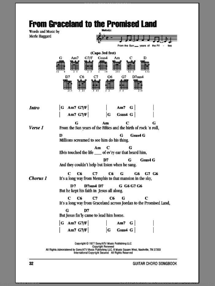 From Graceland To The Promised Land sheet music for guitar (chords) by Merle Haggard, intermediate skill level