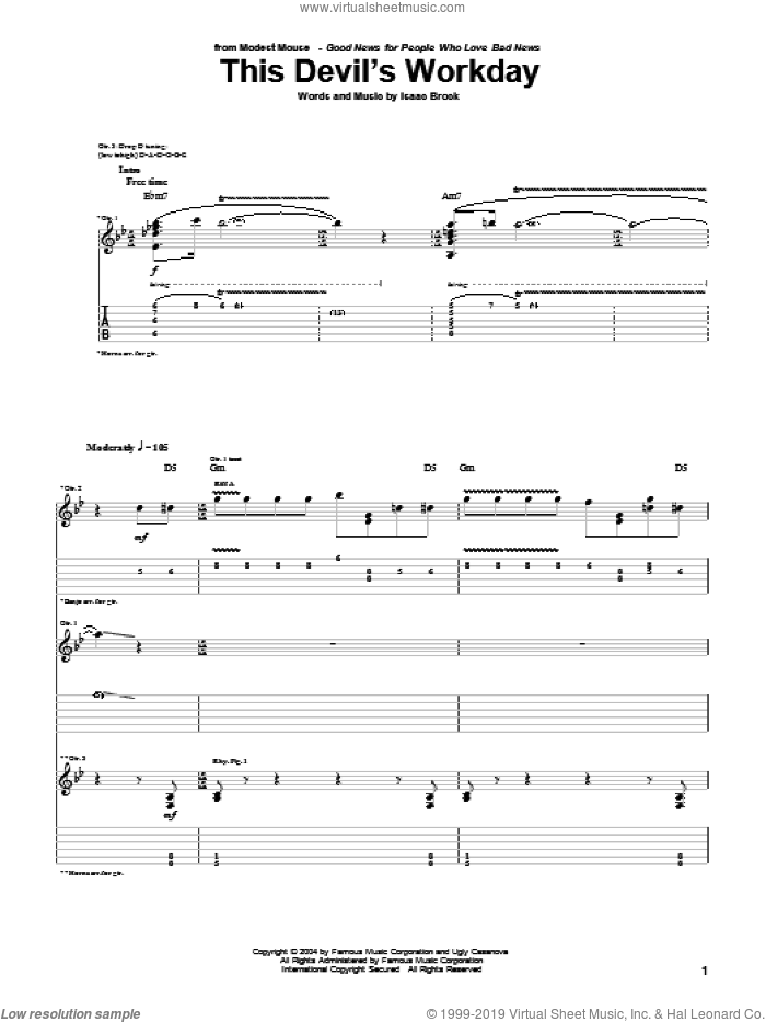 This Devil's Workday sheet music for guitar (tablature) by Modest Mouse and Isaac Brock, intermediate skill level
