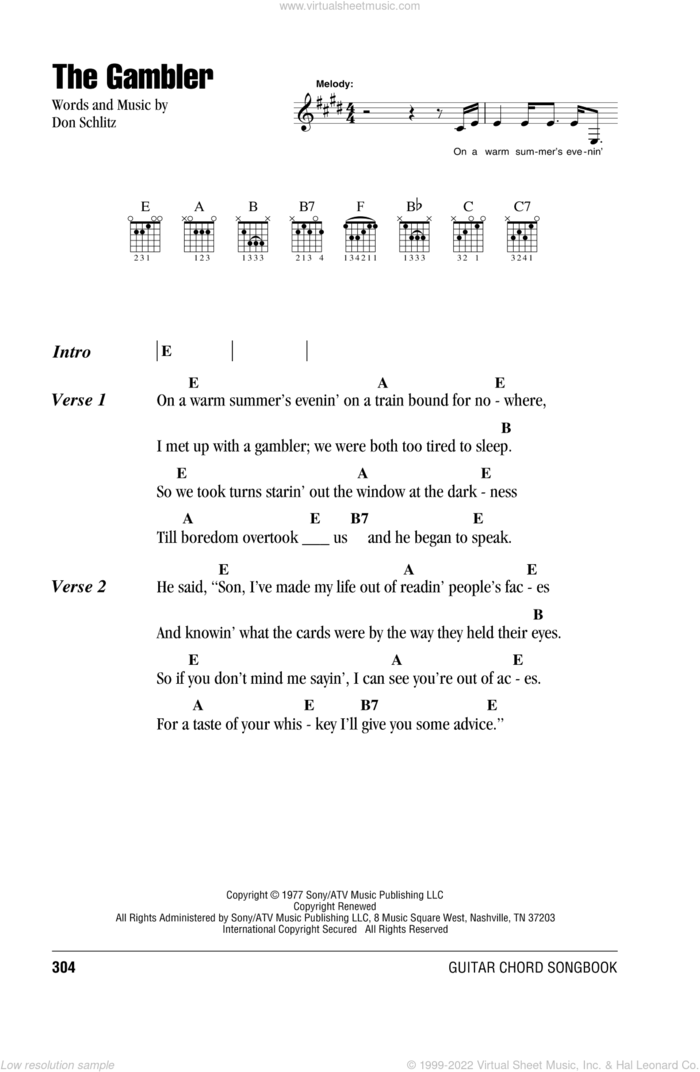 The Gambler sheet music for guitar (chords) by Kenny Rogers and Don Schlitz, intermediate skill level